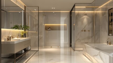 Modern Bathroom Interior with Glass Shower, Marble Tiles, and a Freestanding Tub
