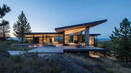 Obraz premium Modern eco home featuring sustainable finishes and sharp geometric forms, blending style with environmental consciousness.