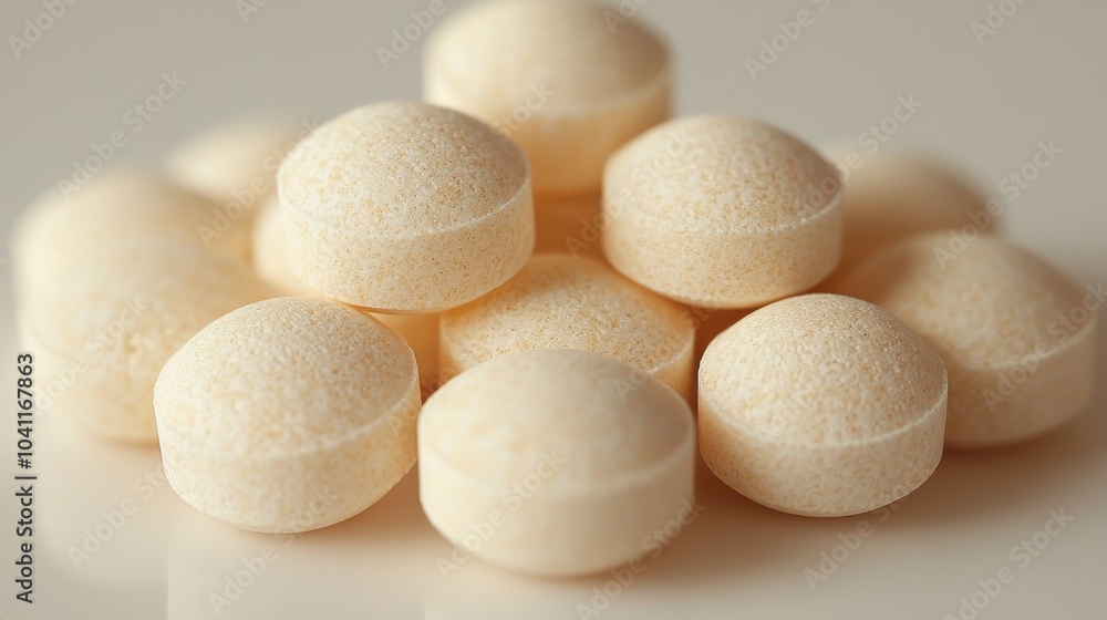 Poster close-up of light-colored round tablets stacked on a flat surface, showcasing their texture and shap