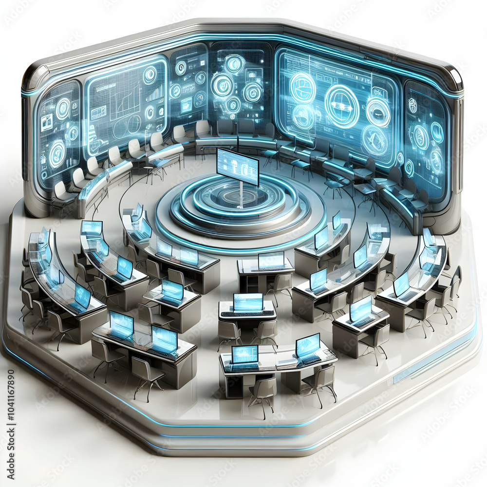 Poster 3d futuristic classroom interactive surfaces gliding shot high-tech learning environment glossy desk