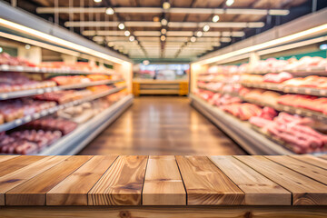 Fototapeta premium Empty table top with blurred meats shelf in supermarket background