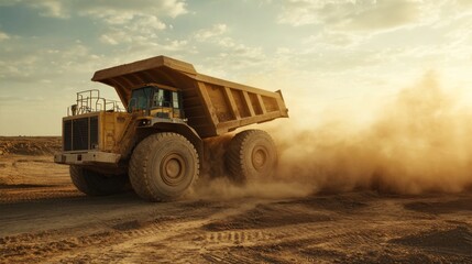 Obraz premium Large Yellow Dump Truck Kicking Up Dust on a Construction Site