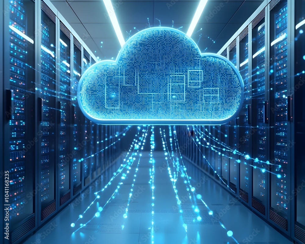 Poster futuristic cloud shaped digital server room with virtual connections symbolizing cloud computing con