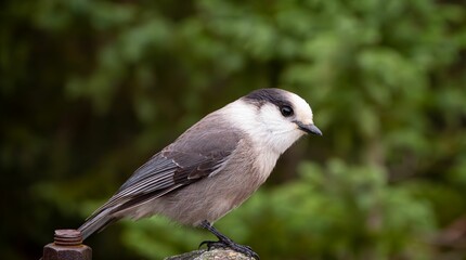 Close-up of a gray jay perched on a post against a blurred green background.