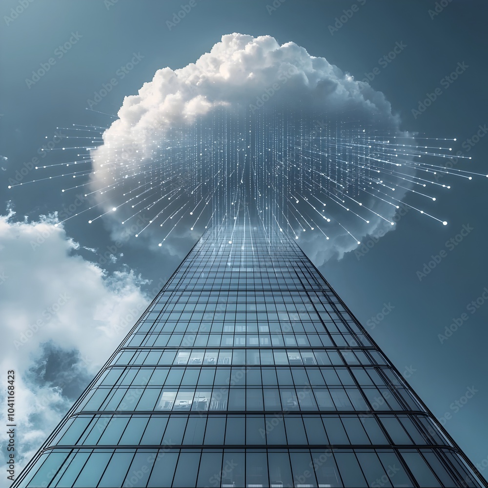 Poster futuristic corporate cloud computing solution connecting skyscraper and digital data streams