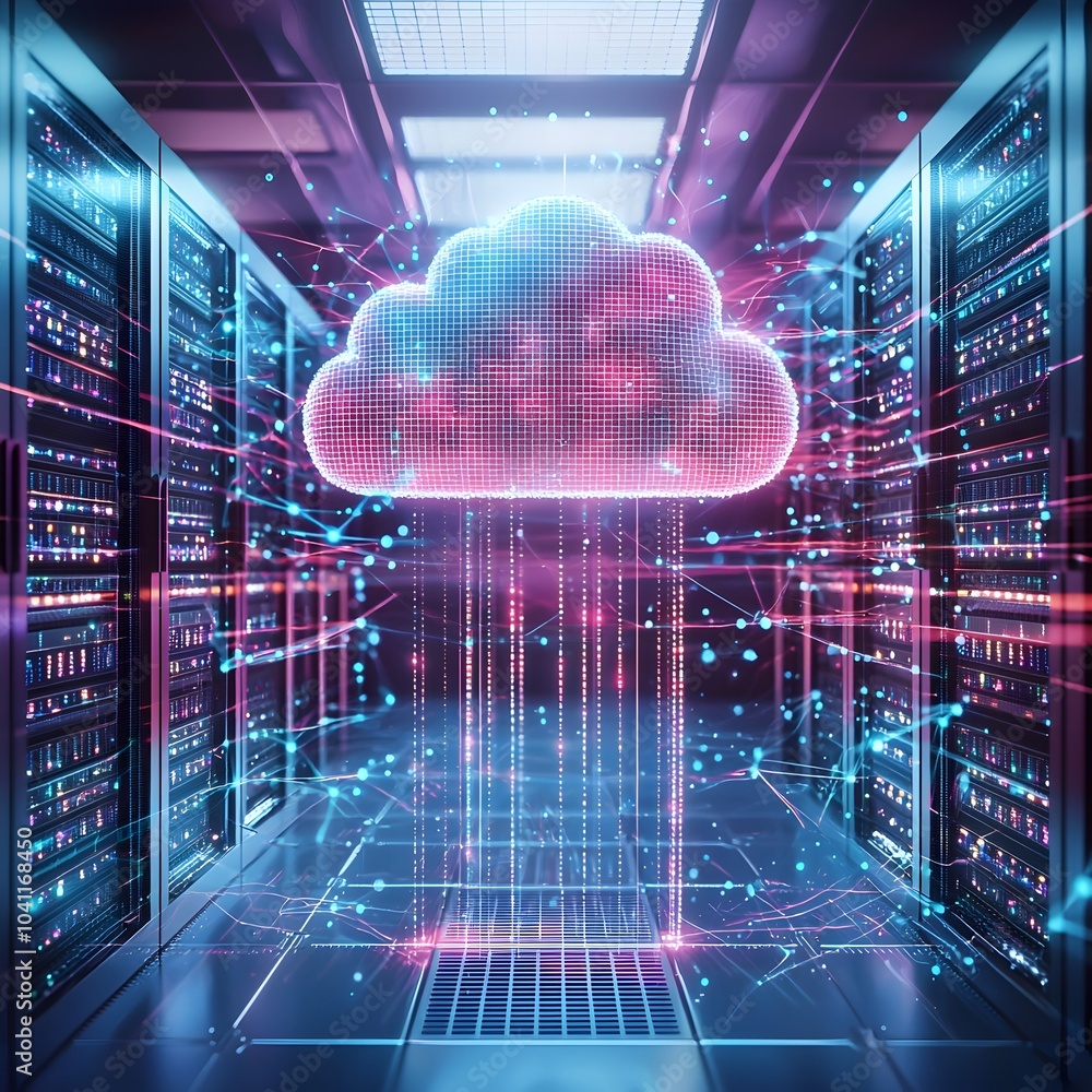 Poster hybrid cloud computing server room with floating digital data cloud