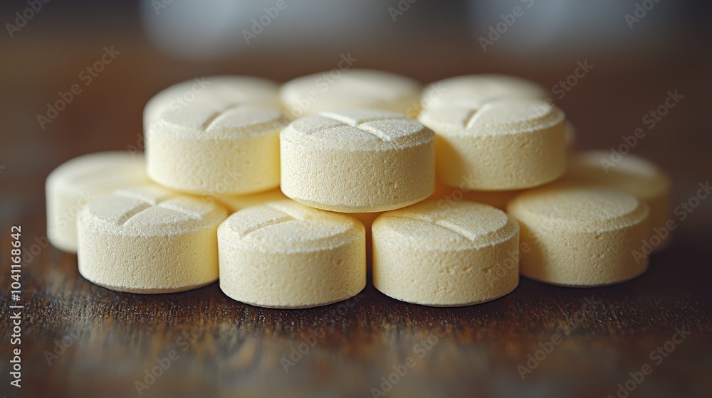 Poster stack of yellow tablets arranged in a circular pattern on a wooden surface during a bright, natural 