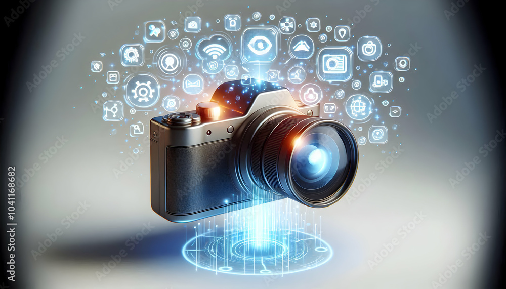 Poster 3d floating holographic camera ai image analysis growth icons concept glowing projection visual expe