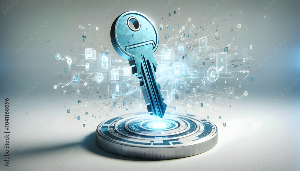 Poster 3d flying key holographic digital interface concept isolated object mastery security trends innovati