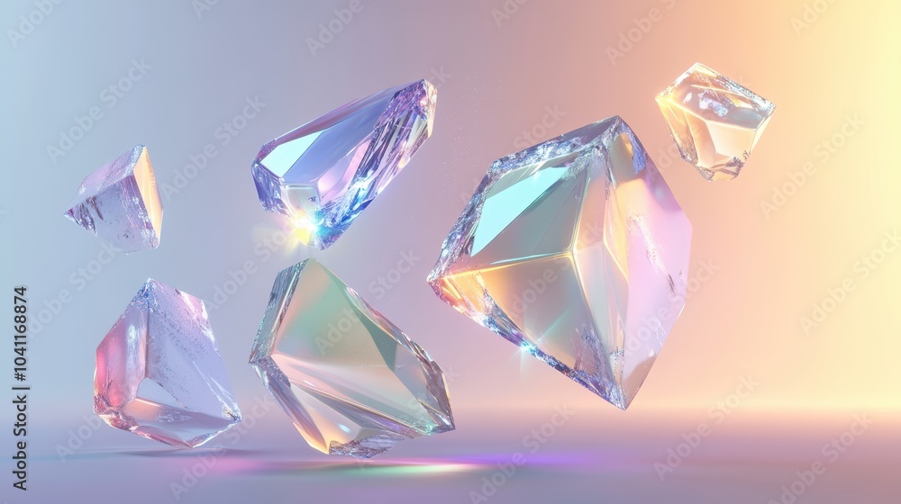 Poster Floating Iridescent Geometric Shapes with Gradient Background