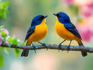 Fototapeta premium A Pair of Vibrant Birds Perching Together on a Branch Symbolizing the Simplicity and Purity of Love in Nature