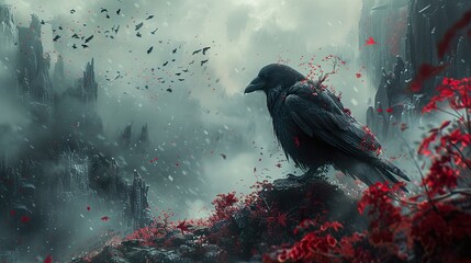 Fototapeta premium Raven Perched on a Misty Mountaintop - Fantasy Landscape