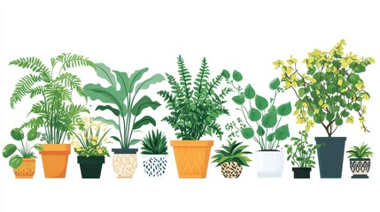 Fototapeta premium A Row of Potted Plants with Varying Foliage and Colorful Pots