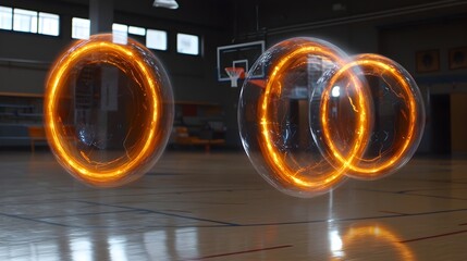 A modern gymnasium with holographic basketball hoops suspended in the air creating a futuristic and high tech atmosphere for athletic training and sports activities