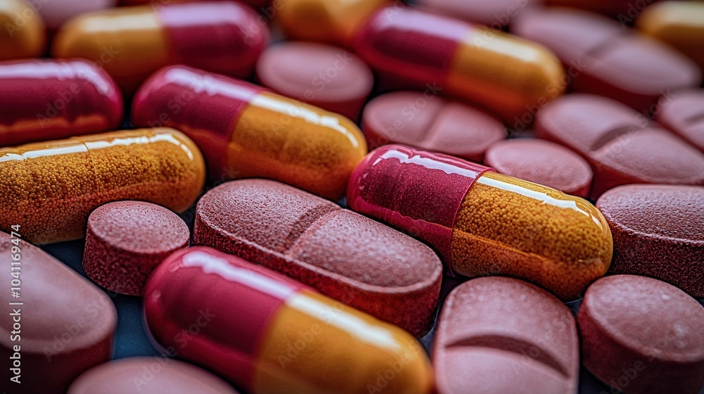 Poster colorful assortment of capsules and tablets arranged on a surface showcasing different shapes and si