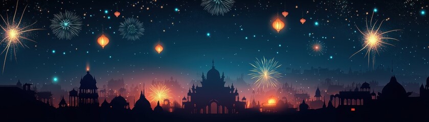 Naklejka premium Silhouetted Cityscape with Fireworks and Lanterns Against a Starry Night Sky