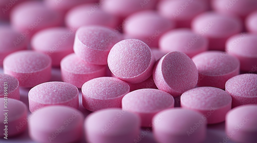 Poster close-up of pink round tablets scattered on a surface, showcasing their texture and color in a well-