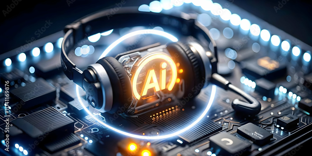 Poster close up headset ai symbol glowing macro shot customer support integration ai copy space photo stock
