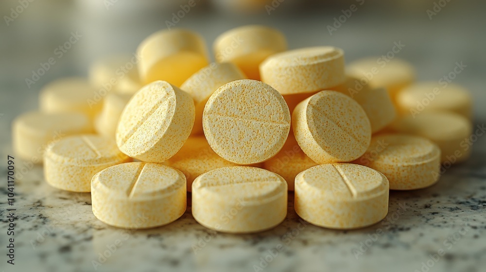 Poster a close-up view of yellow round tablets arranged in a pile on a textured surface, showcasing their s
