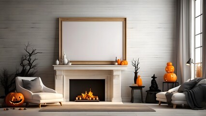Modern minimalist wall art mockup of fireplace living room for Halloween, blank frame for wall art mockup of living room, Halloween and Christmas spooky scary vibes of the room interior design