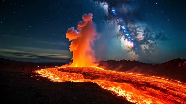 A volcanic eruption at night with the Milky Way visible in the background, creating a breathtaking scene.