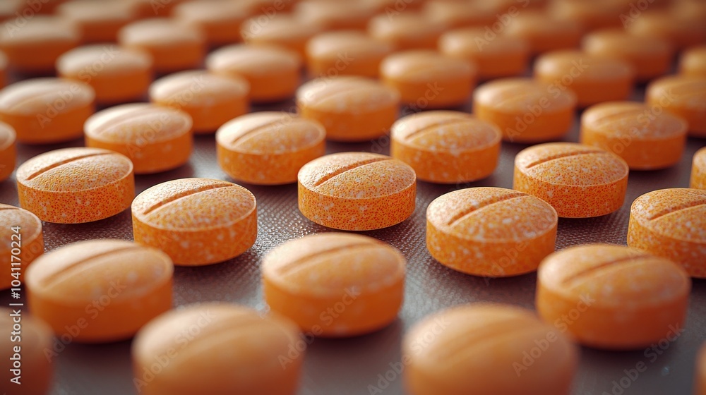 Poster an array of orange pills arranged uniformly on a textured surface in a clinical setting highlighting