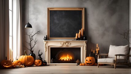 Modern minimalist wall art mockup of fireplace living room for Halloween, blank frame for wall art mockup of living room, Halloween and Christmas spooky scary vibes of the room interior design