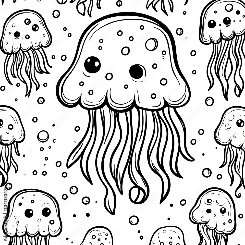 Poster handdrawn illustration of j featuring joyful jellyfish with playful patterns outlined in black on a 