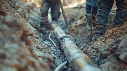 Drinking water plumbing pipeline repair construction in spring time concept. Workers install underground pipes for water, sewerage electricity and fiber optics for the population of urban center.