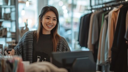 Smiling woman working at a retail counter in a clothing store.