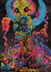 Immersive psychedelic artwork depicts a vibrant, chaotic zombie apocalypse with neon colors, surreal elements, and contrasting hues, creating a unique and intense visual experience