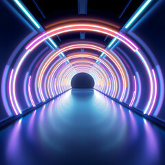 Obraz premium Neon Line Tunnel glowing Fluorescent light corridor stage 3D illustration background