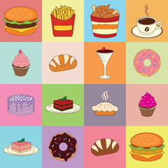 colorful pattern of vector line icons featuring burgers, ice cream, cakes, and drinks. Perfect for restaurant menus and product packaging, 
capturing the fun essence of tasty fast food.

