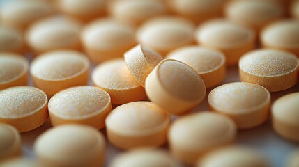 Close-up of yellow tablets scattered across a surface in natural light during the afternoon