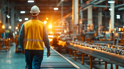 A construction engineer walks through a bustling manufacturing facility, conveyors moving parts, warm ambient lighting, dynamic low-angle shot emphasizing the scale of production
