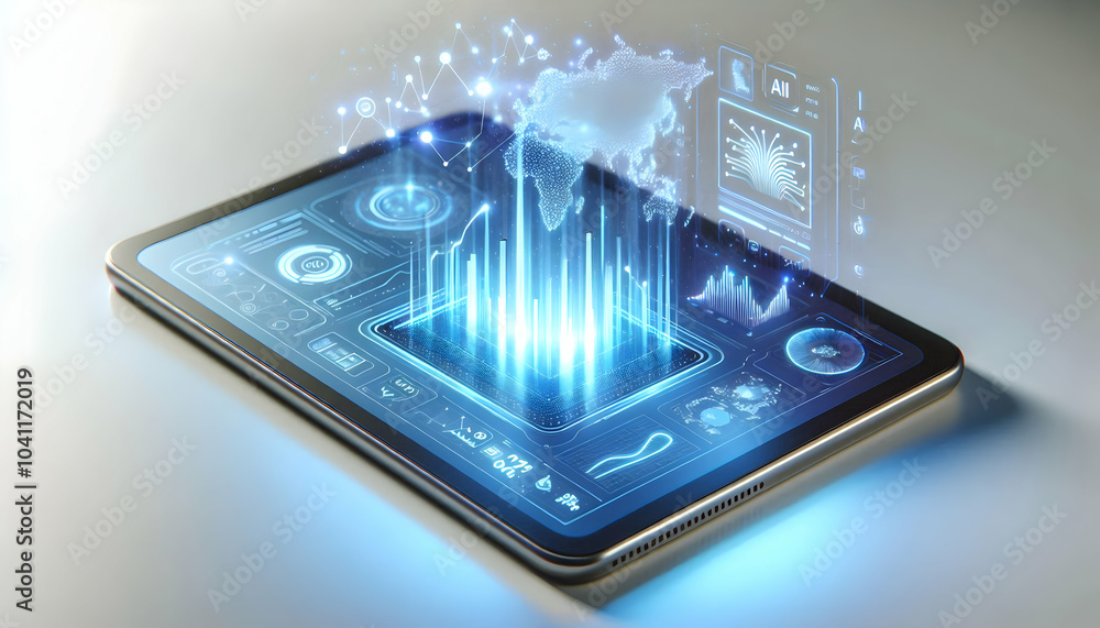 Poster 3d holographic tablet glowing data streams ai graphs modern desk projection floating elements growth