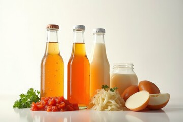 Fermented foods: kombucha bottles, sauerkraut, kimchi, kefir. Superfood