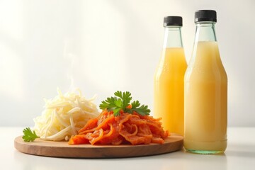 Fermented foods: kombucha bottles, sauerkraut, kimchi. Superfood