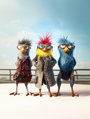 Fototapeta premium Drei stylische Vögel mit Irokesenfrisuren und Brillen in Mänteln, Three stylish birds with mohawk hairstyles and glasses in coats