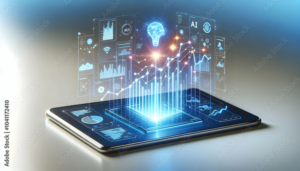 Poster 3d holographic tablet glowing data streams ai graphs concept modern desk projection growth expertise