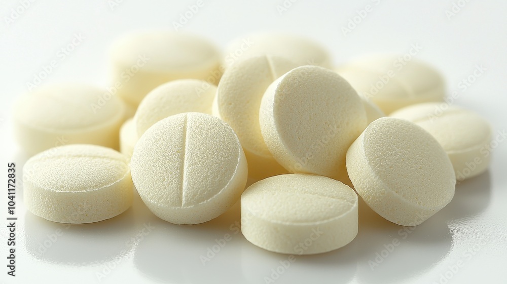 Poster a close-up view of white round tablets arranged on a clean surface, highlighting their smooth textur