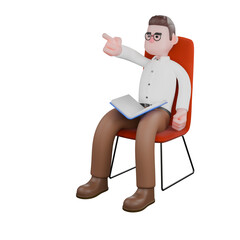 Male Professional Sociologist - 3D Character. A male sociologist is sitting while holding a book while pointing forward. Cartoon