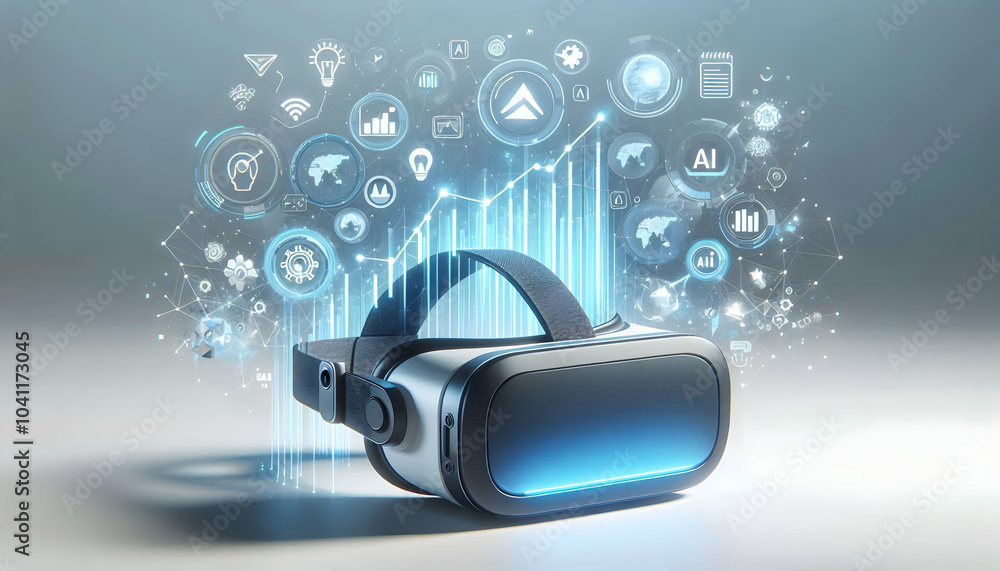 Poster 3d holographic vr headset with floating elements concept | vr headset floating holograms glowing amb