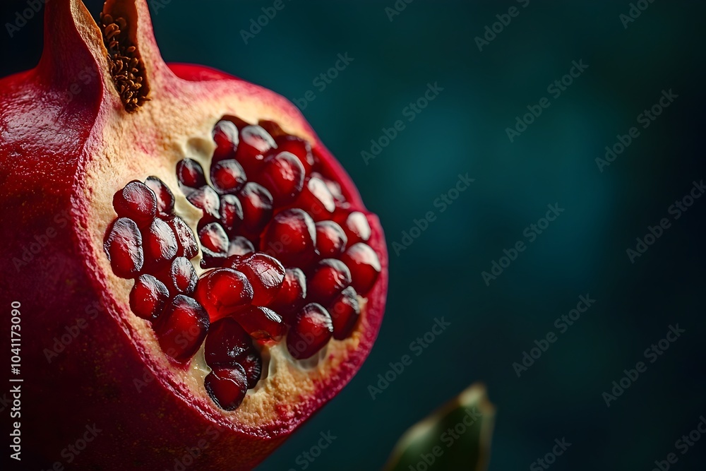 Poster the richly complex pomegranate fruit bursting with vibrant red seeds in a close up macro capture