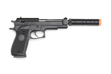Airsoft Spring Pistol with Mock Suppressor Silencer Isolated on transparent background with...