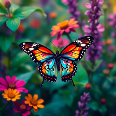 Fototapeta premium Butterfly flying over vibrant natures colorful patterns