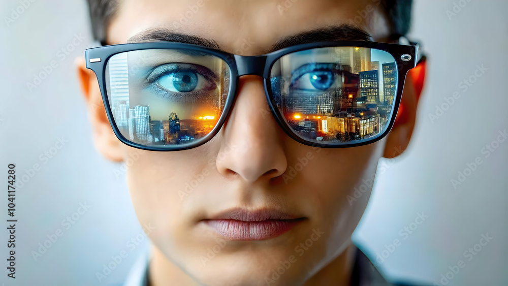 Poster close up ai code reflection customer support agent glasses macro shot human element ai driven custom