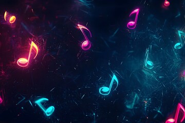 Glowing Neon Music Notes in Dark Moody Electronic Music Background