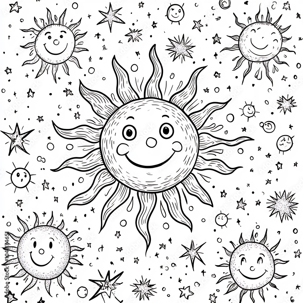 Poster handdrawn illustration of s with smiling suns and simple star patterns outlined in black against a w