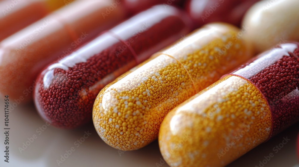 Poster colorful and vibrant capsules arranged neatly on a surface, showcasing various sizes and textures in